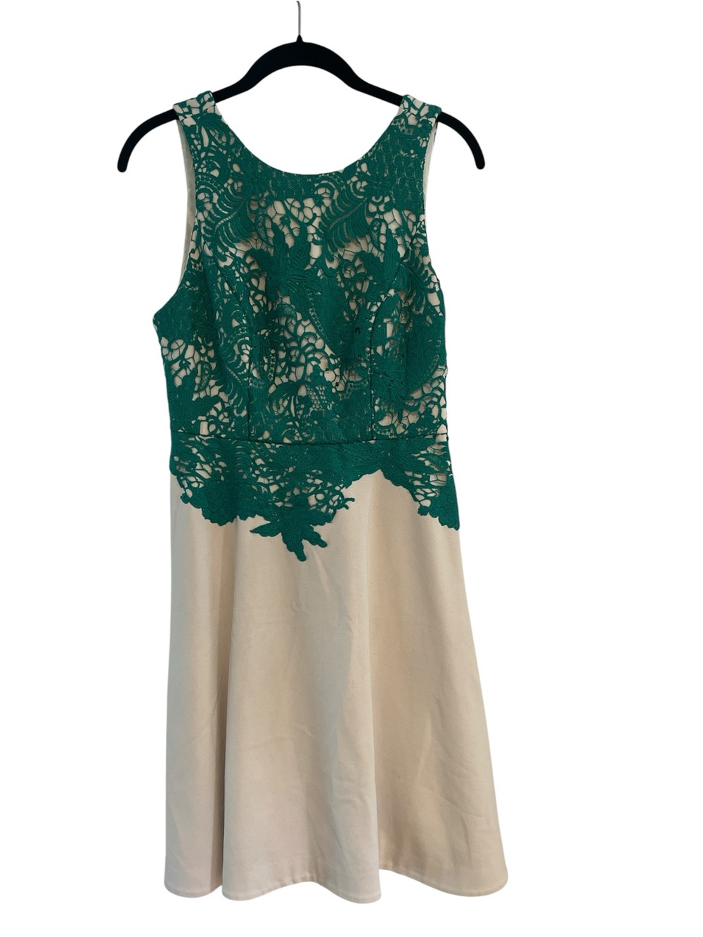 Anthropologie Cream with Green Lace Overlay Fit and Flare Dress Size 4 EUC
